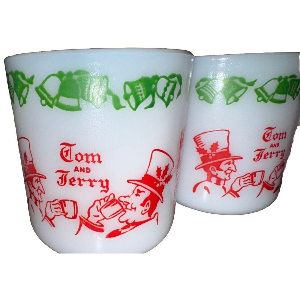 Vintage Christmas Tom and Jerry White Milk Glass Mug Set of 5 Holidays